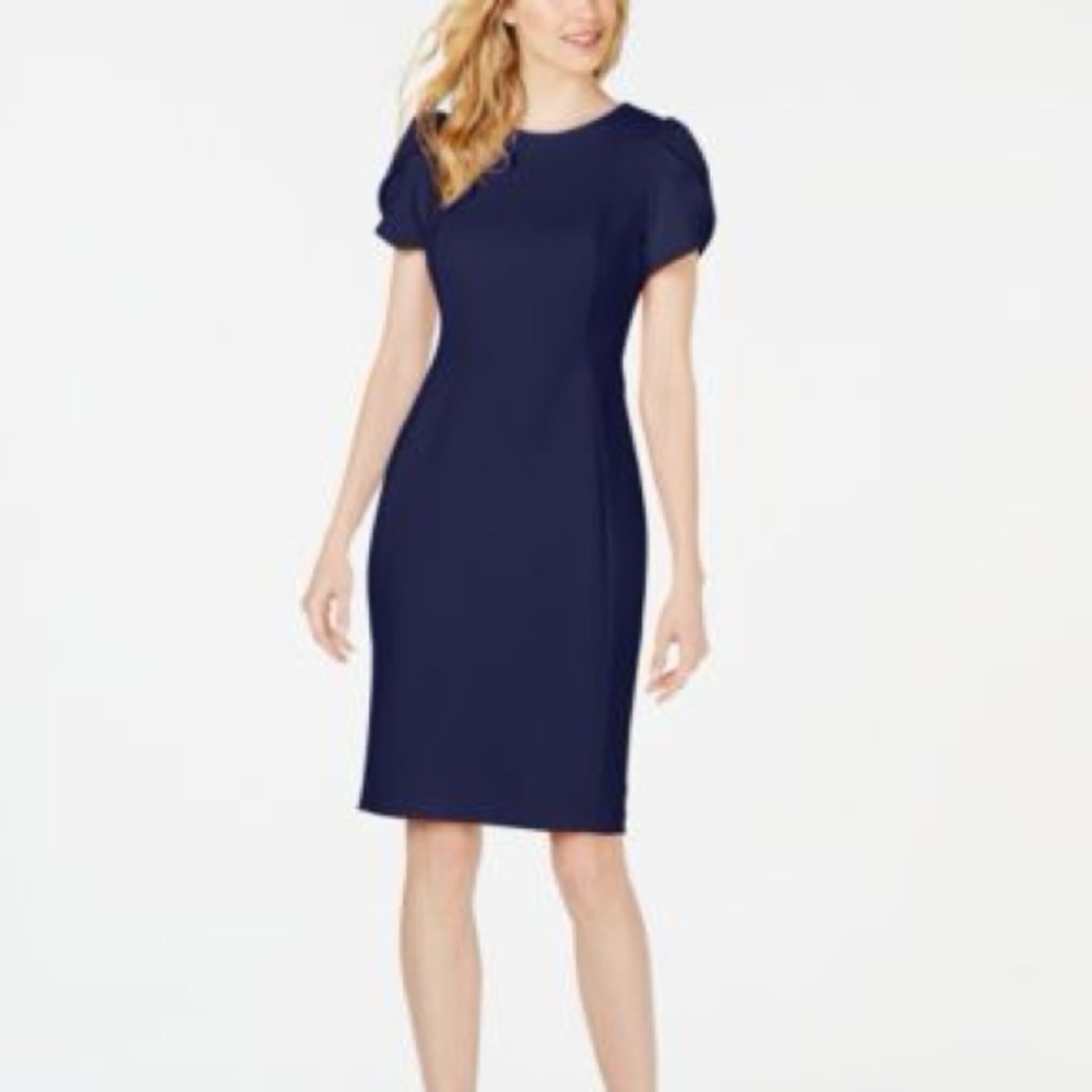 Calvin Klein Classic Cap Sleeve Gold Zipper Navy Midi Dress Office Interview